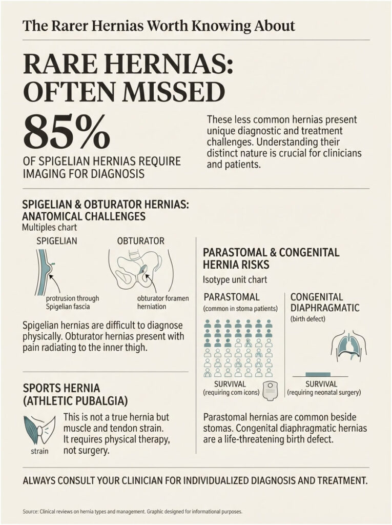 Infographic detailing rare hernias, including Spigelian, obturator, and sports hernias with statistics and illustrations.