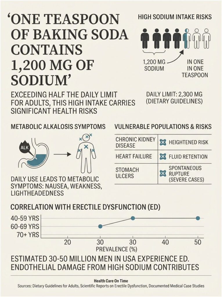 Infographic showing sodium content in baking soda, health risks, symptoms, and erectile dysfunction correlation.