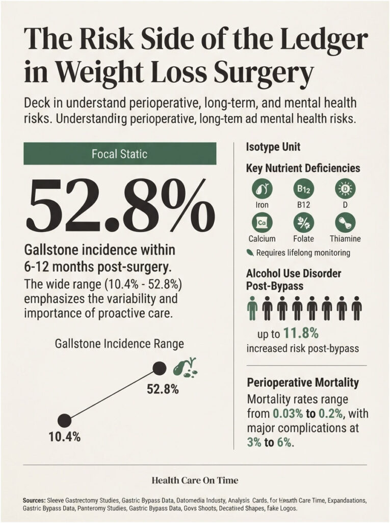 Infographic showing weight loss surgery risks, including gallstone incidence, nutrient deficiencies, and mortality rates.