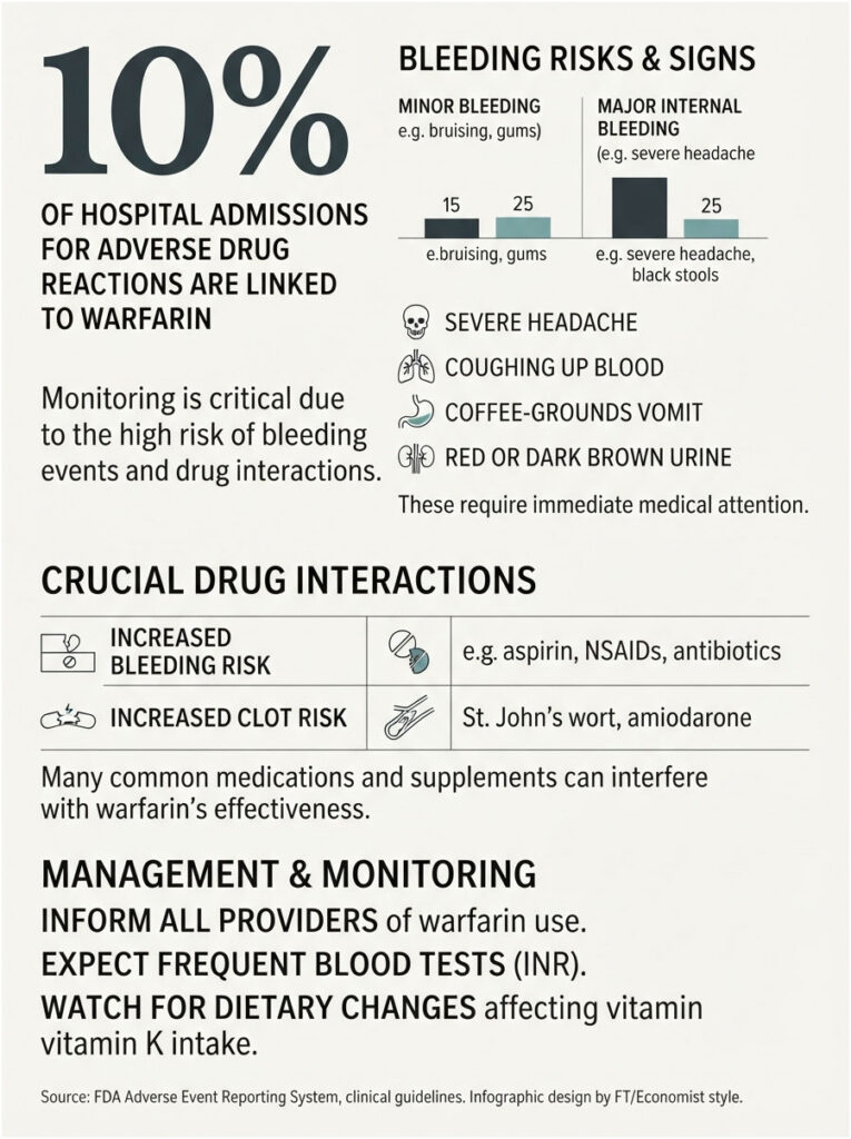 Infographic showing warfarin-related bleeding risks, signs, drug interactions, and monitoring guidelines.