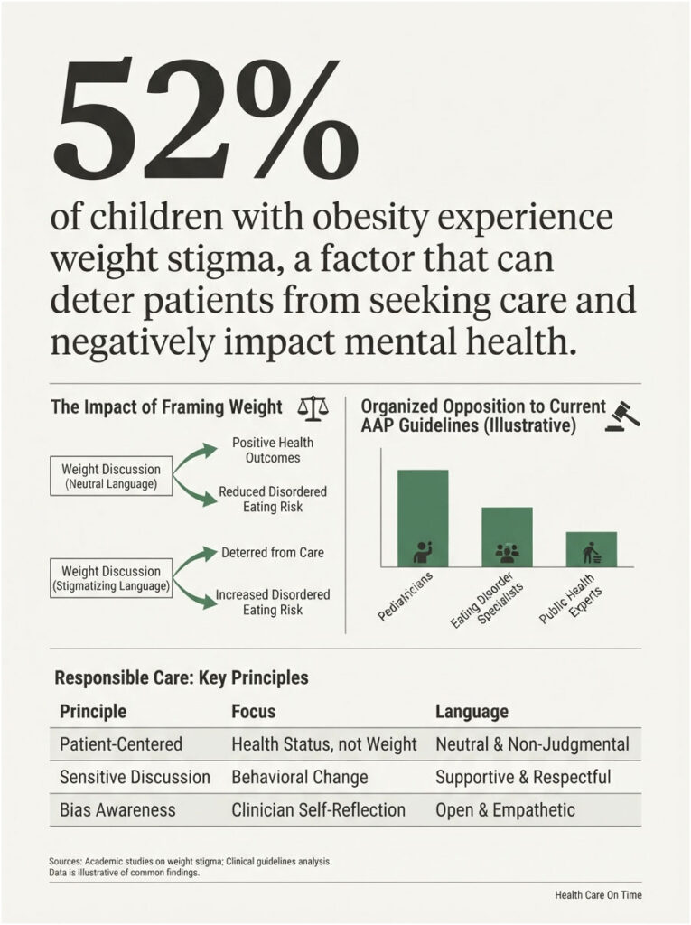 Infographic showing 52% of children with obesity face weight stigma affecting mental health and care seeking.