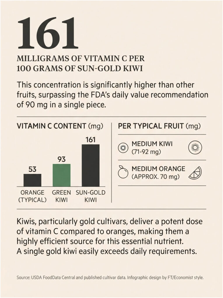 Infographic showing vitamin C content in sun-gold kiwi, green kiwi, and orange with comparison data and icons.