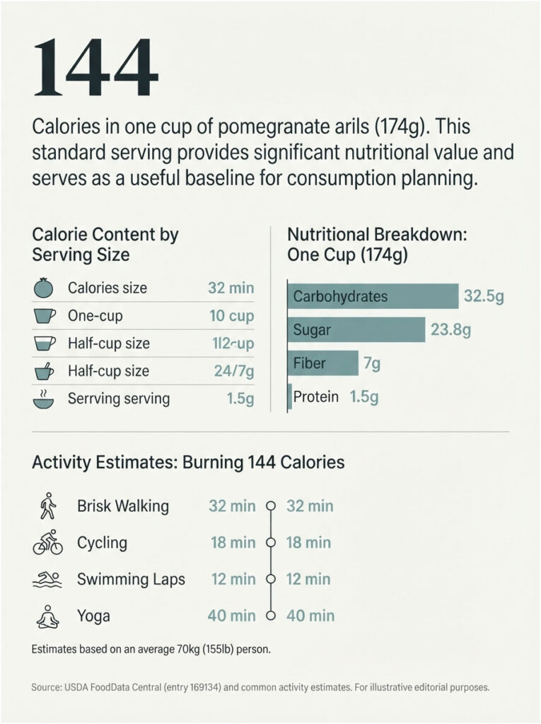 Infographic showing calorie content and nutritional breakdown of pomegranate arils with activity estimates for burning 144 calories.