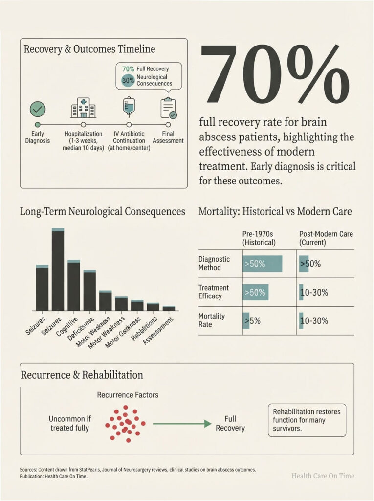 Infographic showing brain abscess recovery rates, neurological consequences, and mortality statistics with charts and icons.
