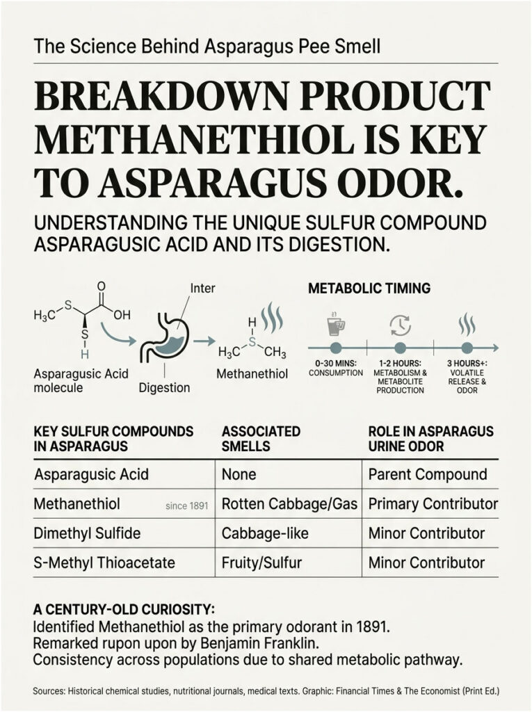 Infographic explaining the science behind asparagus pee smell, highlighting methanethiol and sulfur compounds.