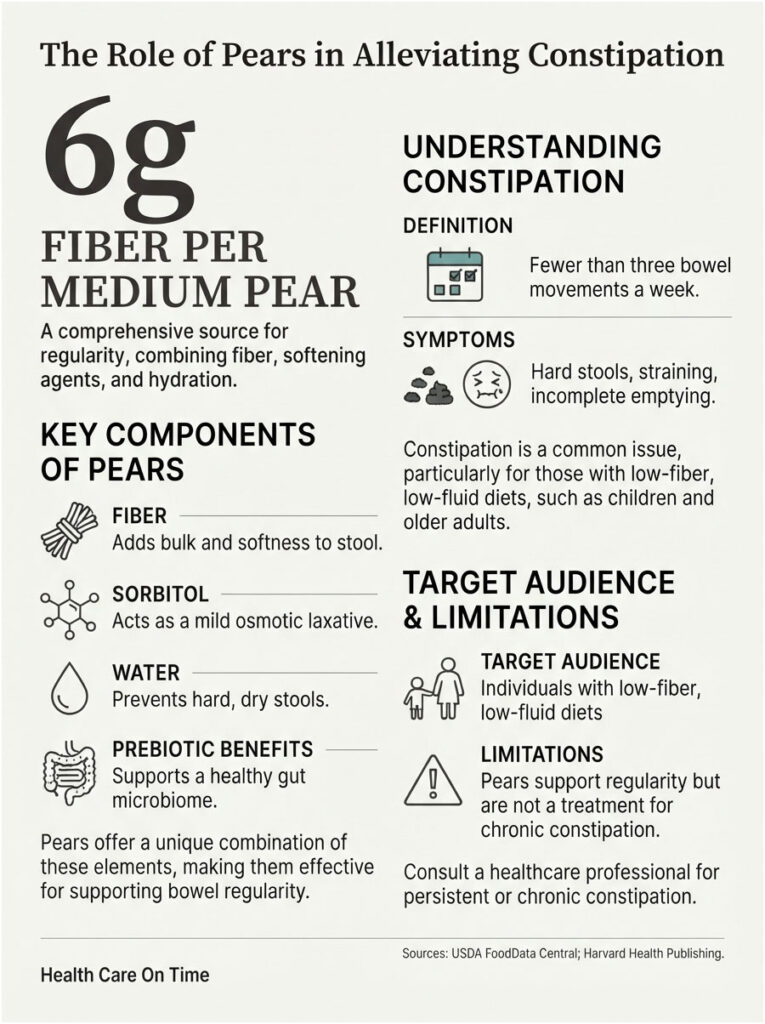 Infographic detailing the role of pears in alleviating constipation with fiber content and key components.