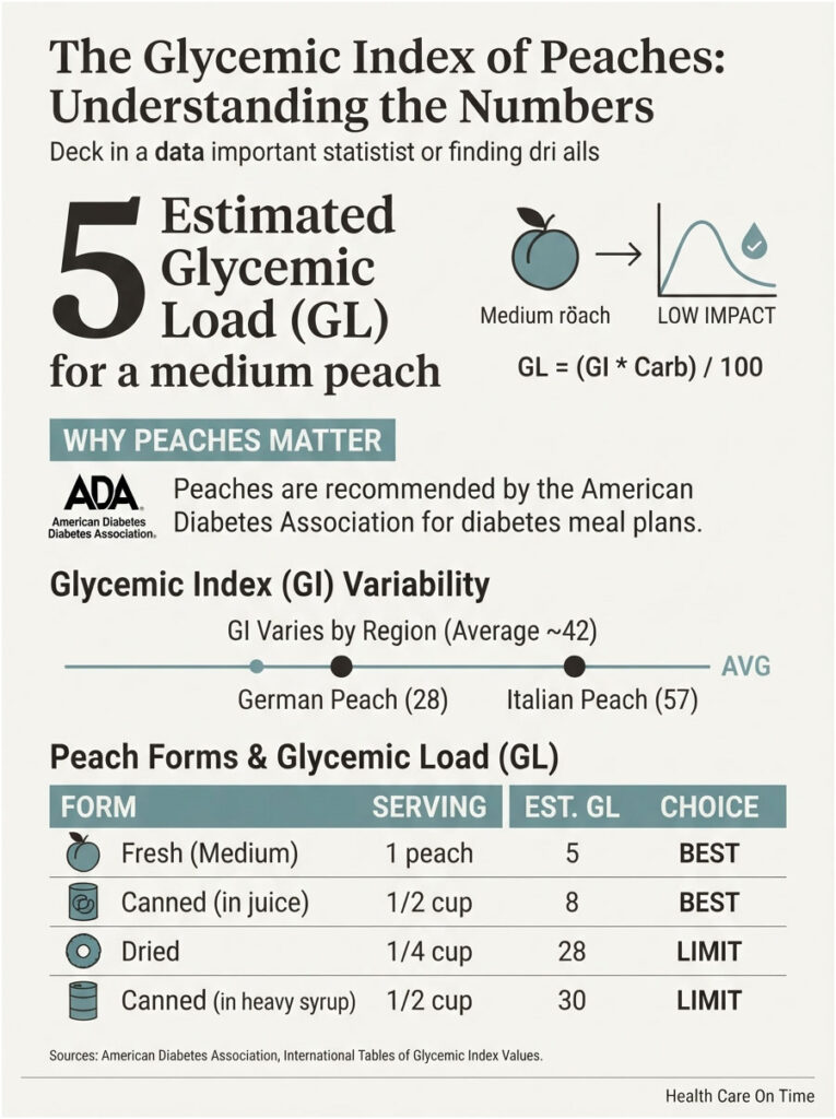 Infographic showing glycemic index of peaches, estimated GL values, and serving recommendations for different peach forms.