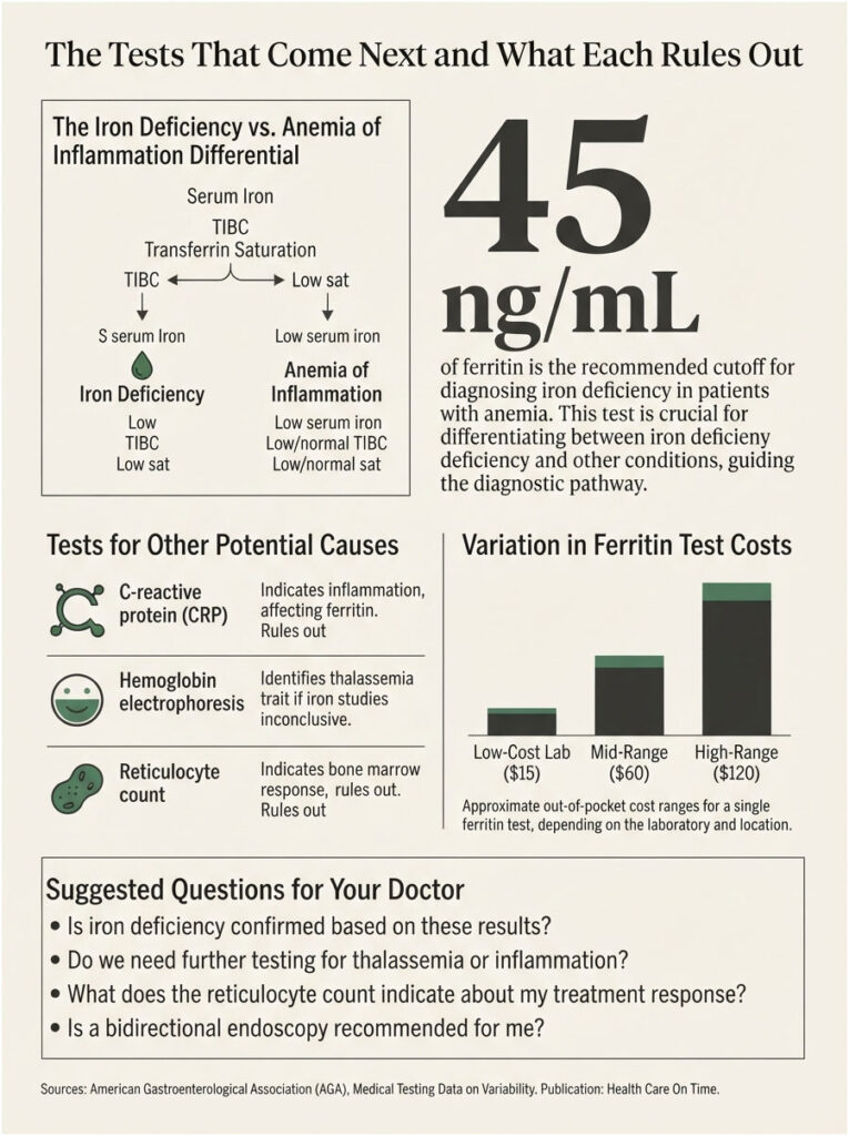 Infographic showing iron deficiency vs. anemia of inflammation, tests, costs, and suggested doctor questions.