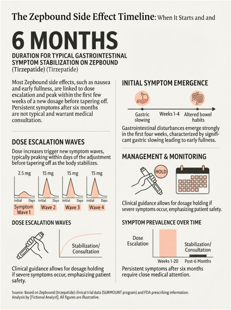 Infographic detailing the Zepbound side effect timeline, including symptom waves and management strategies.