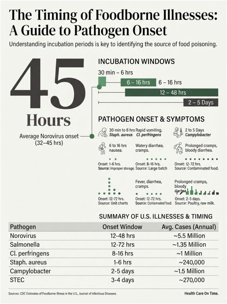 Infographic showing foodborne illness incubation periods, symptoms, and U.S. illness statistics with charts and icons.