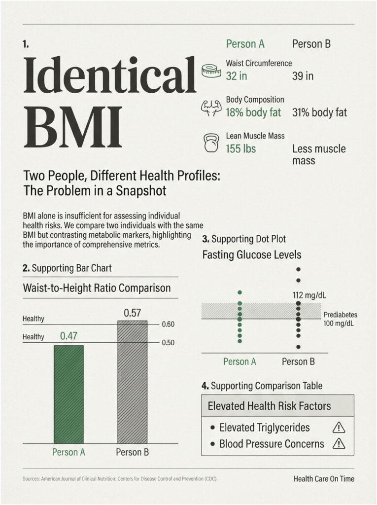 Infographic comparing two individuals' health profiles with identical BMI, showing waist circumference, body fat, and glucose levels.