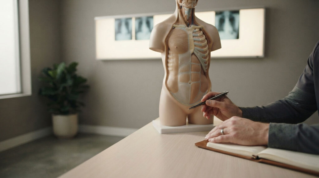 A person writes notes while examining an anatomical model of the human torso on a desk.
