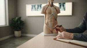 A person writes notes while examining an anatomical model of the human torso on a desk.