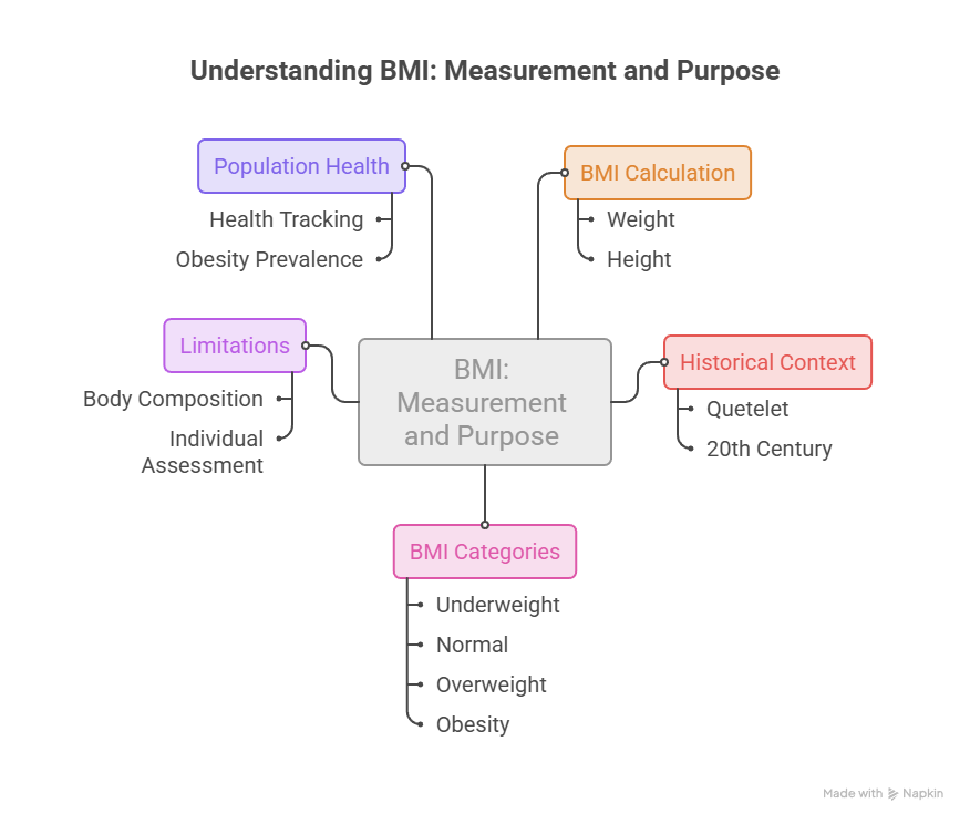 Infographic explaining BMI measurement, including categories, calculation, limitations, and historical context.