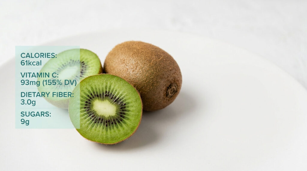 A sliced kiwi fruit reveals vibrant green flesh and black seeds, placed next to a whole kiwi on a white plate.