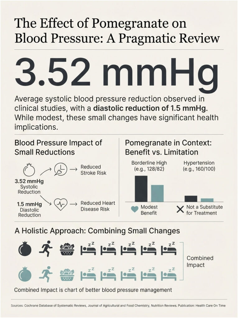 Infographic showing the effect of pomegranate on blood pressure with statistics and health implications.