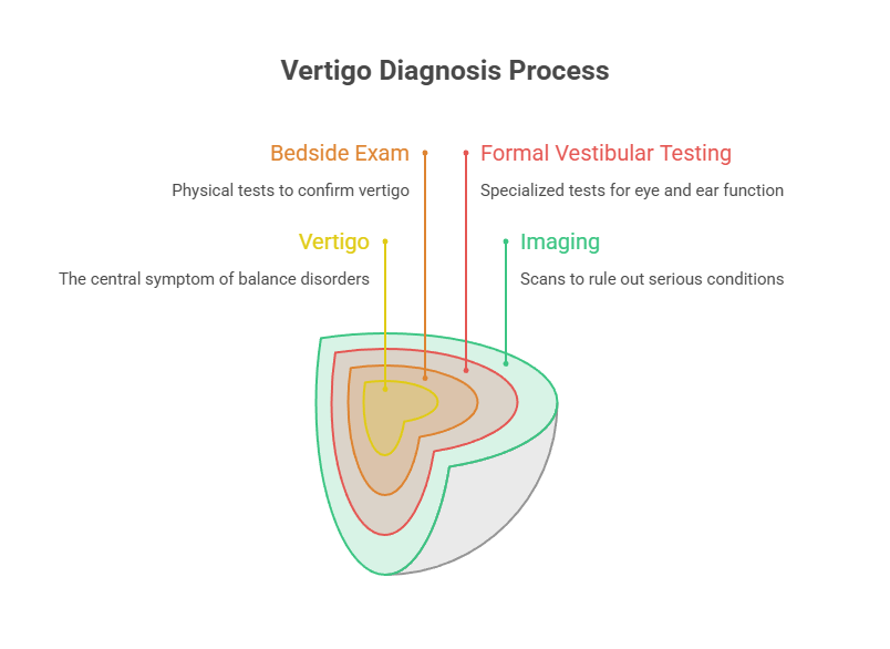 Infographic illustrating the vertigo diagnosis process with Bedside Exam, Formal Vestibular Testing, and Imaging steps.