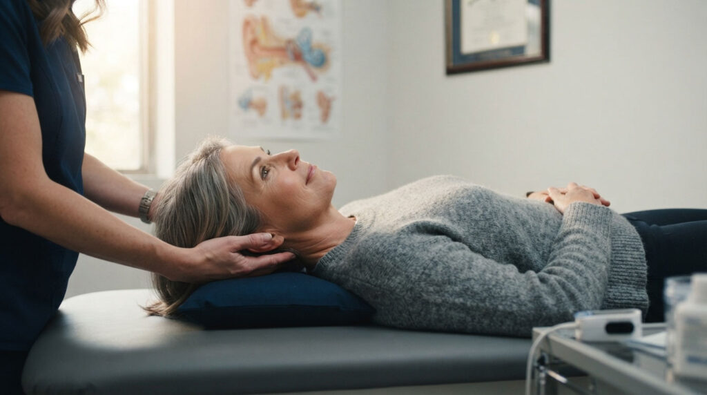 A woman lies on a treatment table while a healthcare professional gently examines her head in a bright room.