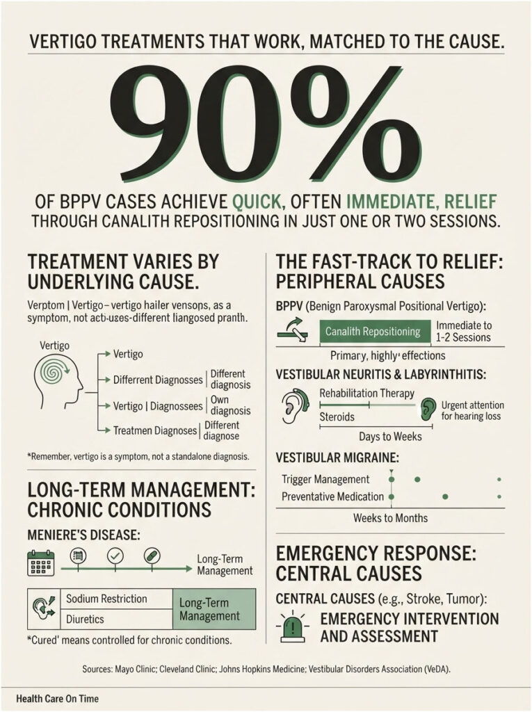 Infographic detailing vertigo treatments, statistics, and management strategies for BPPV and chronic conditions.