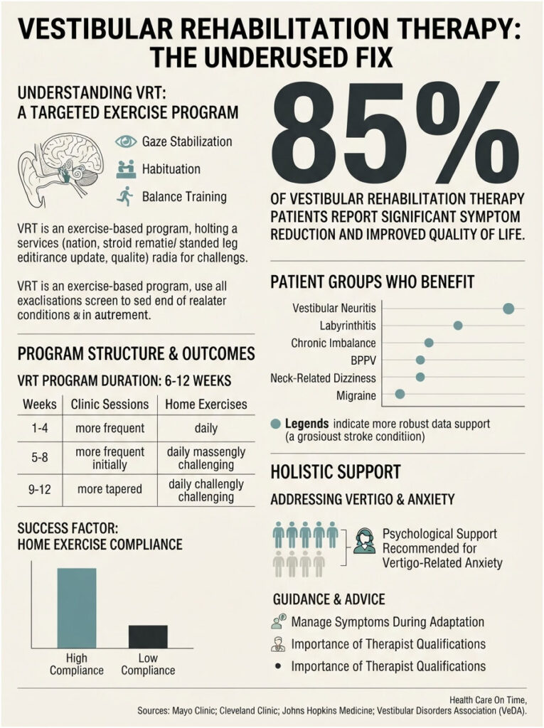 Infographic showing vestibular rehabilitation therapy benefits, patient groups, and program structure with statistics.