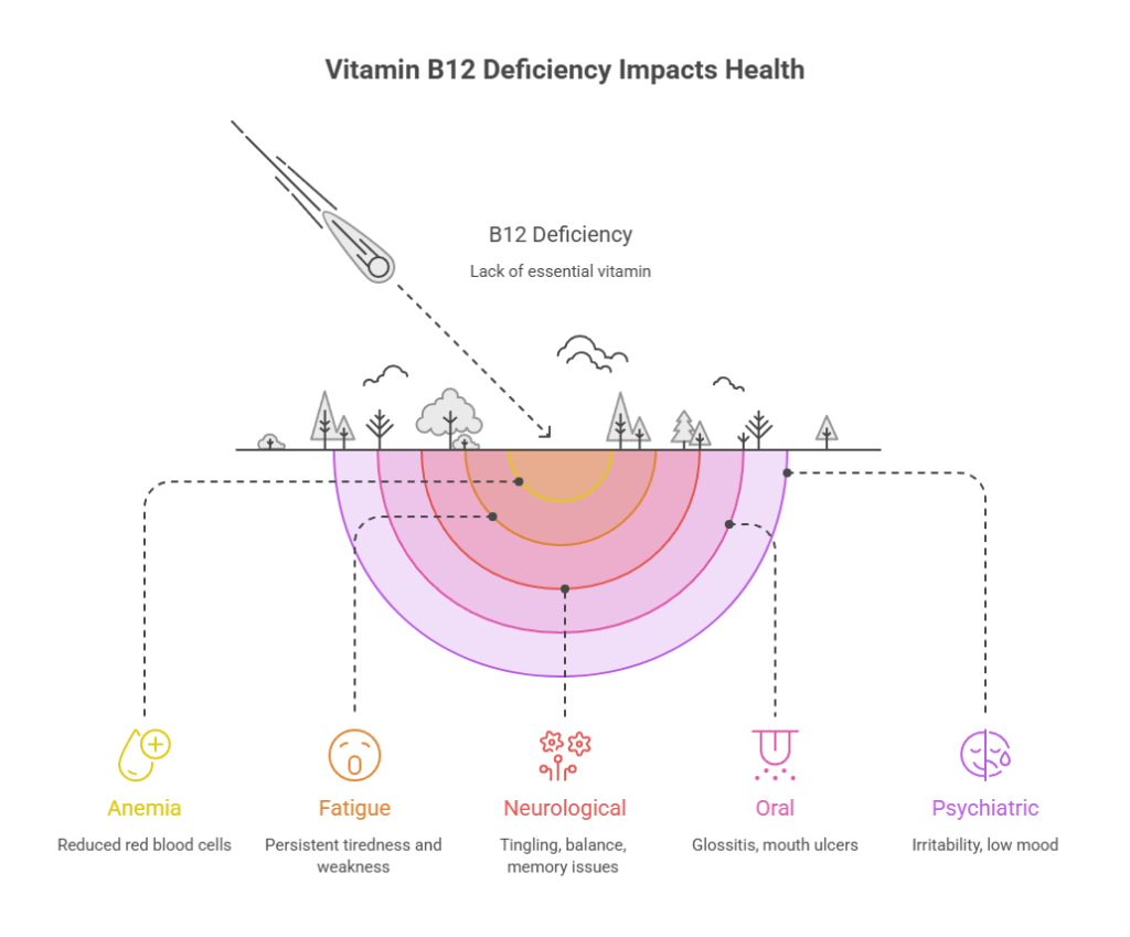 Infographic showing Vitamin B12 deficiency effects on health, including anemia, fatigue, neurological, oral, and psychiatric symptoms.