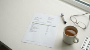 A lab report sits on a white table next to a cup of tea, glasses, a pen, and a pill pack.