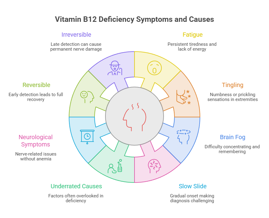 Infographic illustrating Vitamin B12 deficiency symptoms and causes, including fatigue, tingling, and brain fog.