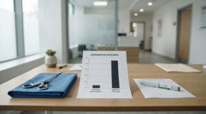 A chart comparing surgical intervention and injection therapy outcomes on a wooden table with office decor.