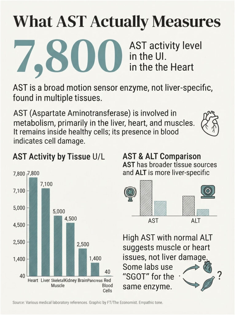 Infographic showing AST activity levels by tissue, highlighting 7,800 in the heart and comparing AST and ALT.