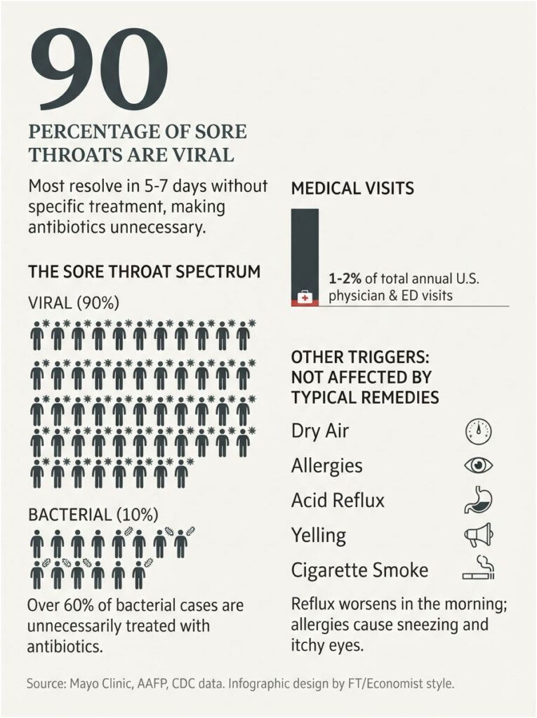Infographic showing 90% of sore throats are viral, with statistics on medical visits and triggers like dry air and allergies.