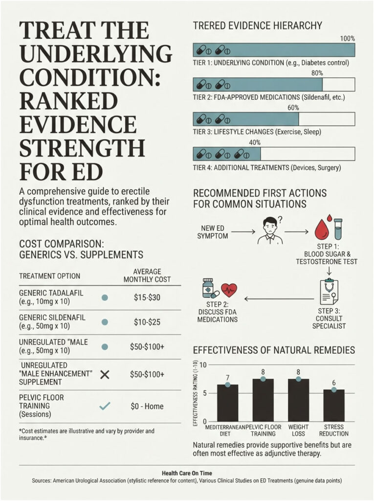 Infographic showing evidence strength for ED treatments, cost comparison, and effectiveness of natural remedies.