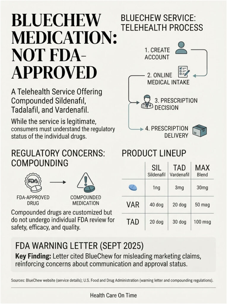 Infographic detailing BlueChew medication, FDA status, telehealth process, and product lineup with dosage information.