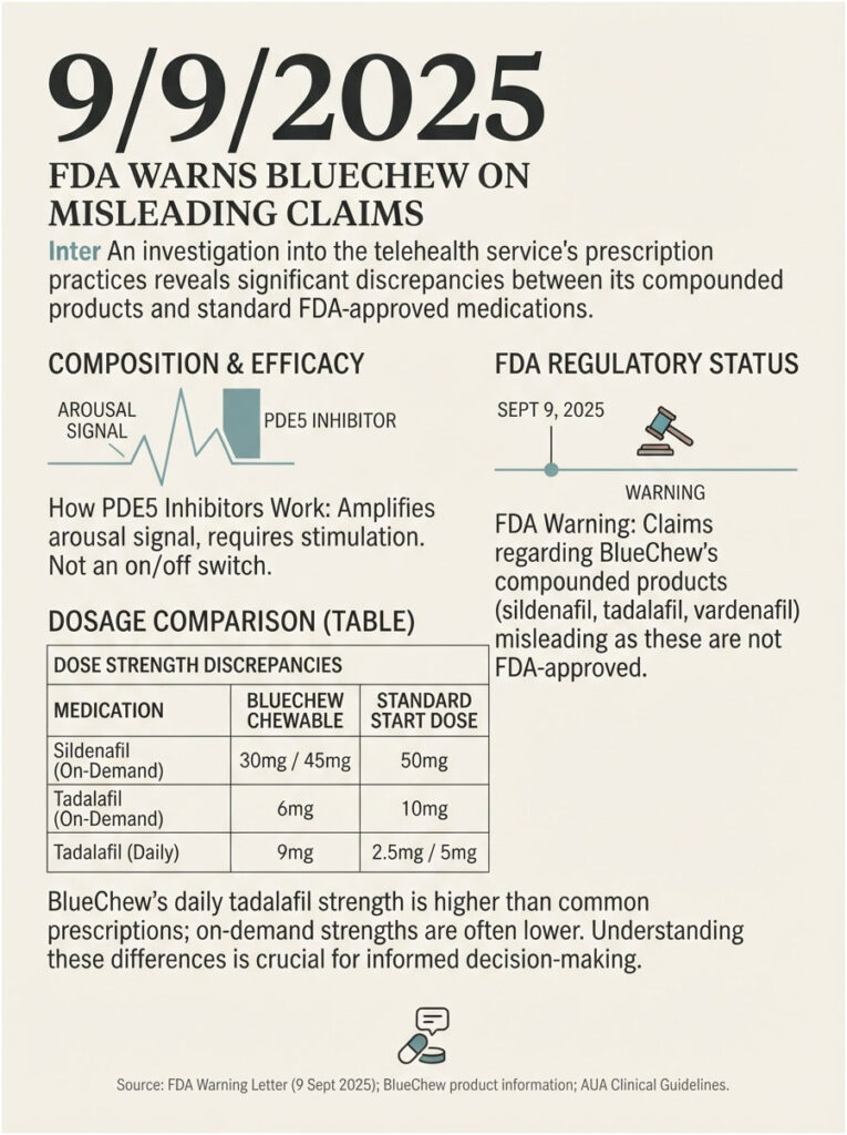 FDA warns BlueChew on misleading claims about compounded medications and dosage discrepancies infographic.
