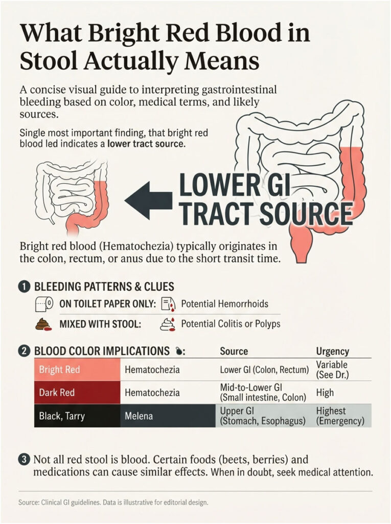 Infographic explaining bright red blood in stool, showing bleeding patterns, color implications, and gastrointestinal sources.