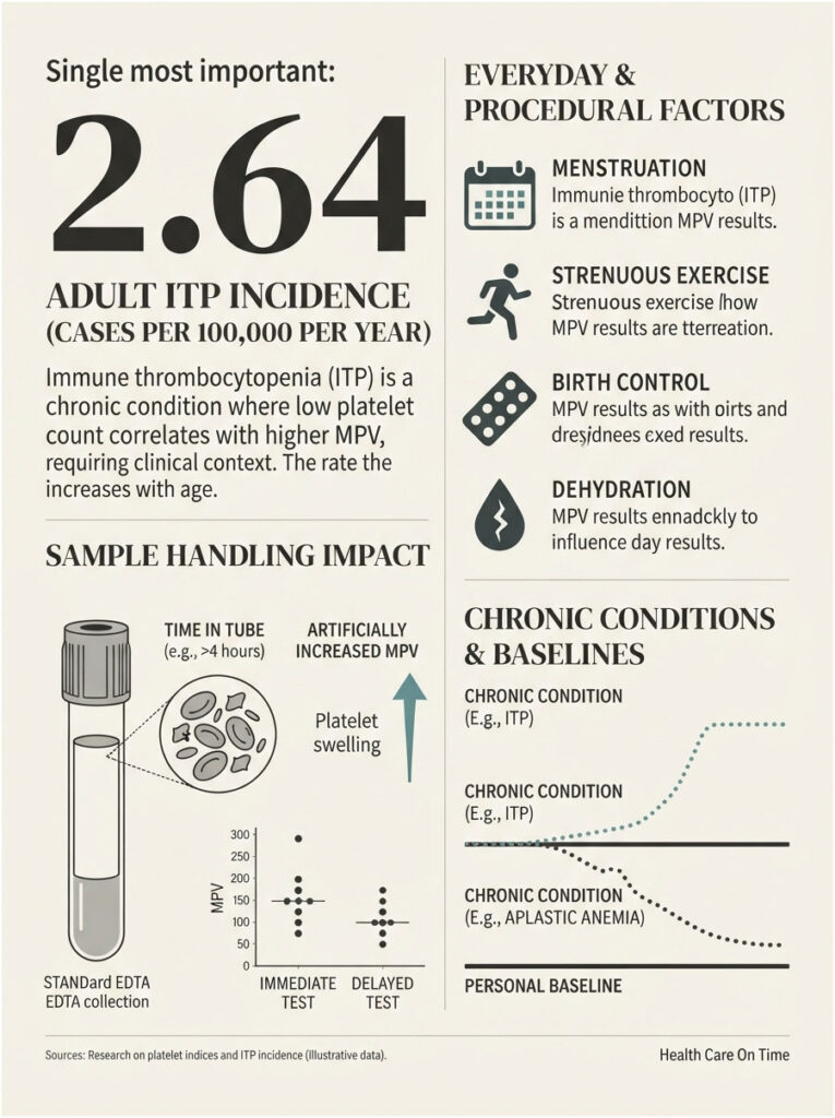 Infographic showing adult ITP incidence, sample handling impact, and procedural factors affecting MPV results.
