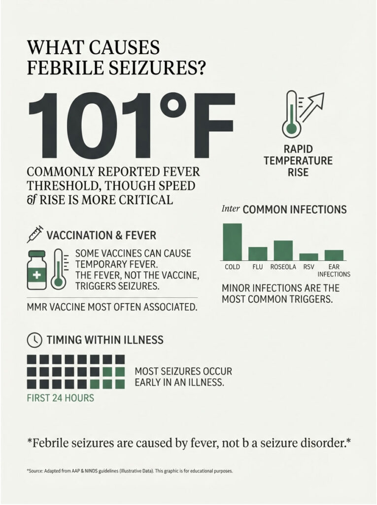 Infographic explaining causes of febrile seizures with temperature threshold, vaccination effects, and timing of seizures.