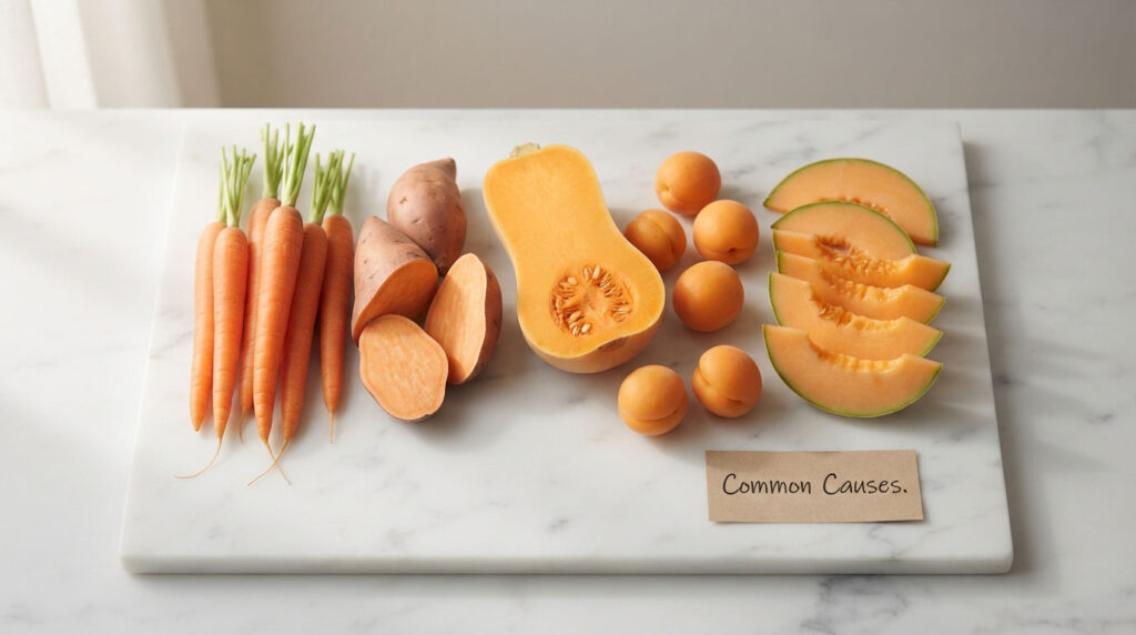 Fresh carrots, sweet potatoes, butternut squash, and cantaloupe arranged on a marble surface with a label.