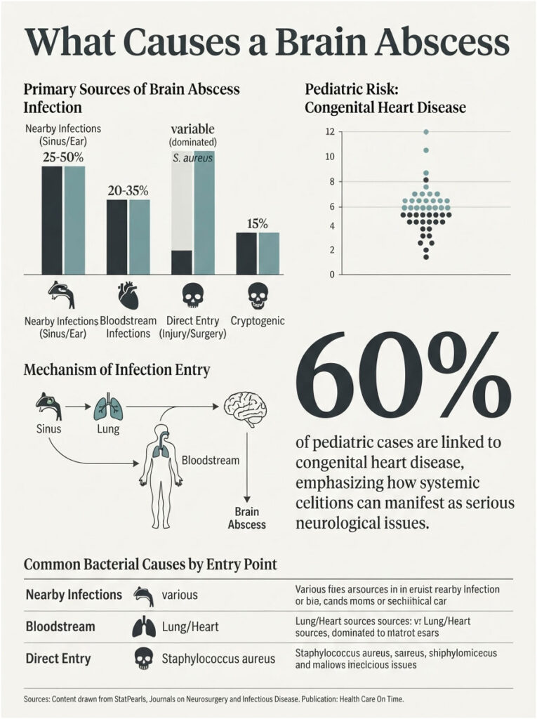 Infographic showing causes of brain abscess, including infection sources, mechanisms, and pediatric risks with statistics.