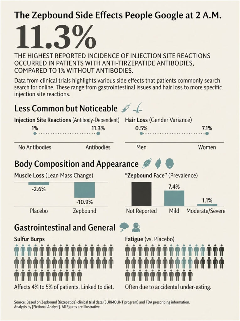 Infographic showing Zepbound side effects, including statistics on injection site reactions and hair loss by gender.