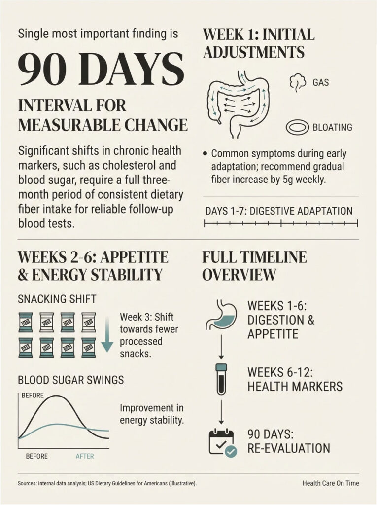 Infographic detailing a 90-day dietary fiber change timeline with health markers, symptoms, and adjustments.