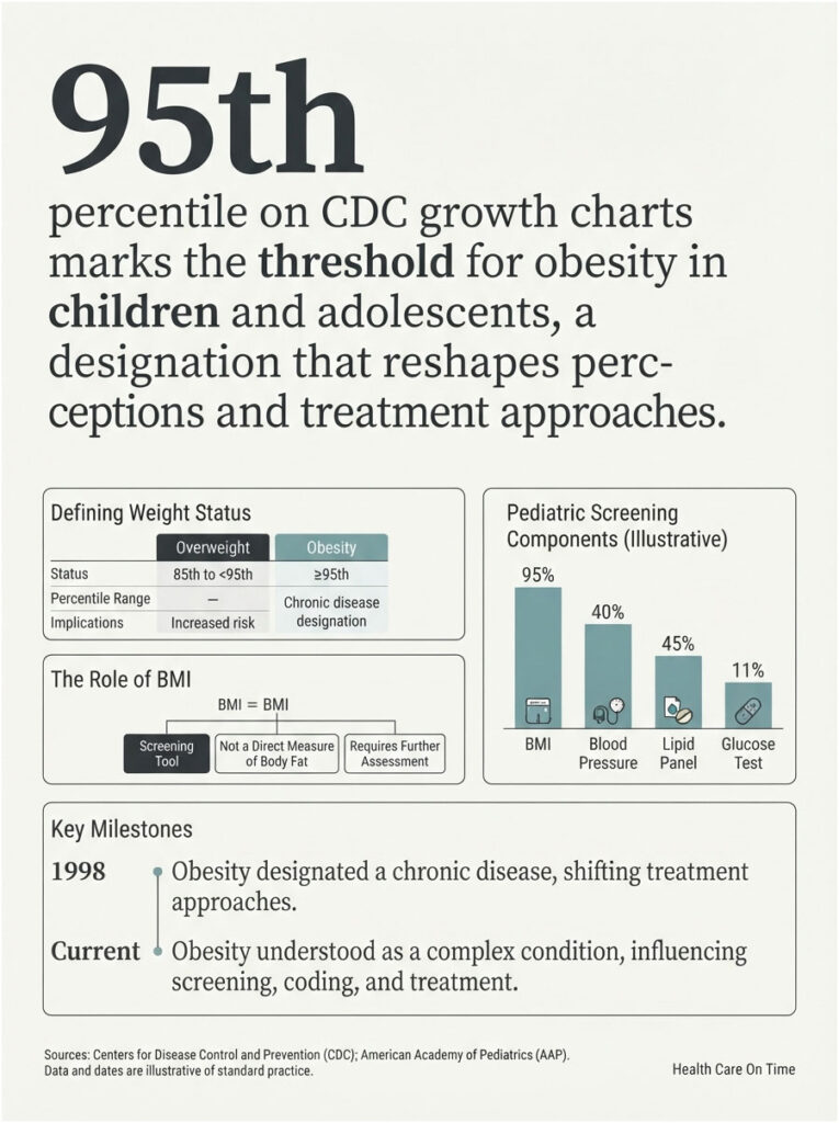 Infographic showing obesity thresholds for children, BMI role, and pediatric screening components with statistics.