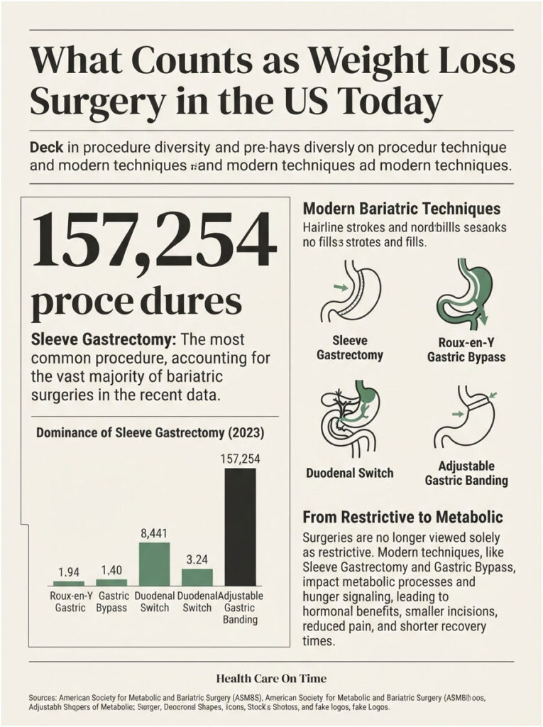 Infographic showing weight loss surgery statistics in the US, highlighting 157,254 procedures and techniques like Sleeve Gastrectomy.