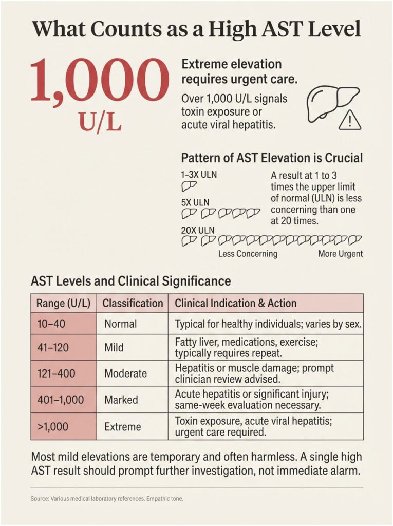 Infographic showing AST levels, their classifications, and clinical significance for health monitoring.