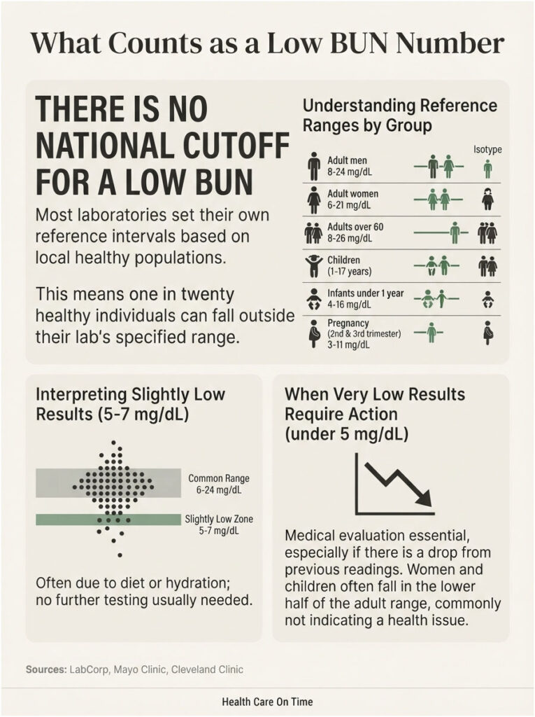 Infographic explaining low BUN levels, showing reference ranges for different age groups and interpreting results.