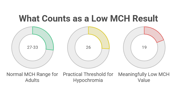 Infographic showing MCH ranges with three circular indicators for normal, practical threshold, and low MCH values.
