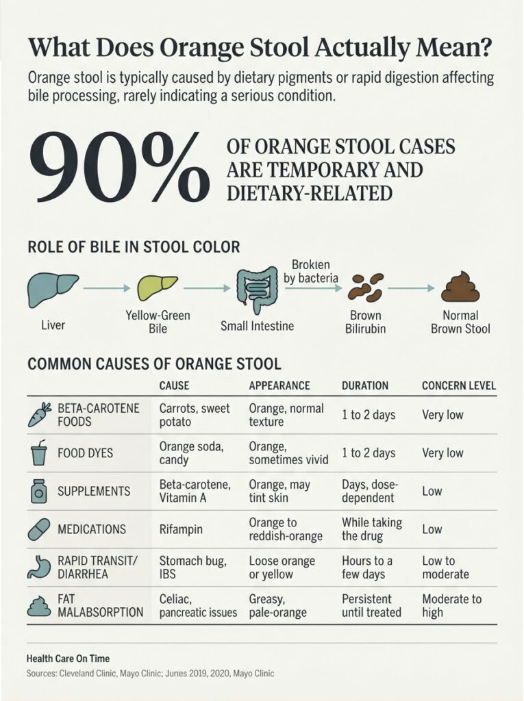 Infographic explaining orange stool causes, showing statistics, bile role, and common dietary factors.