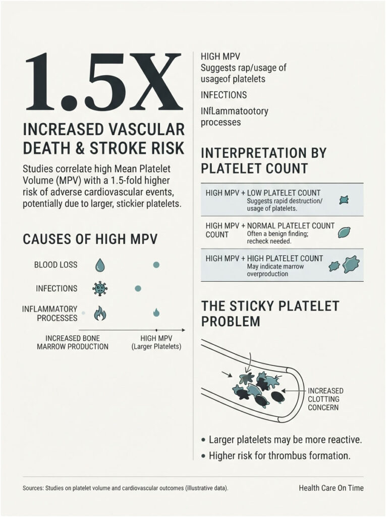 Infographic explaining increased vascular death and stroke risk due to high Mean Platelet Volume (MPV) with charts and icons.