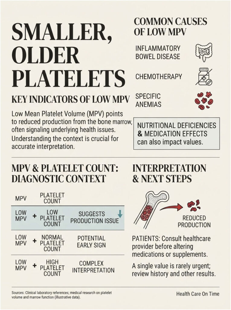 Infographic explaining smaller, older platelets and low MPV indicators with charts and health implications.