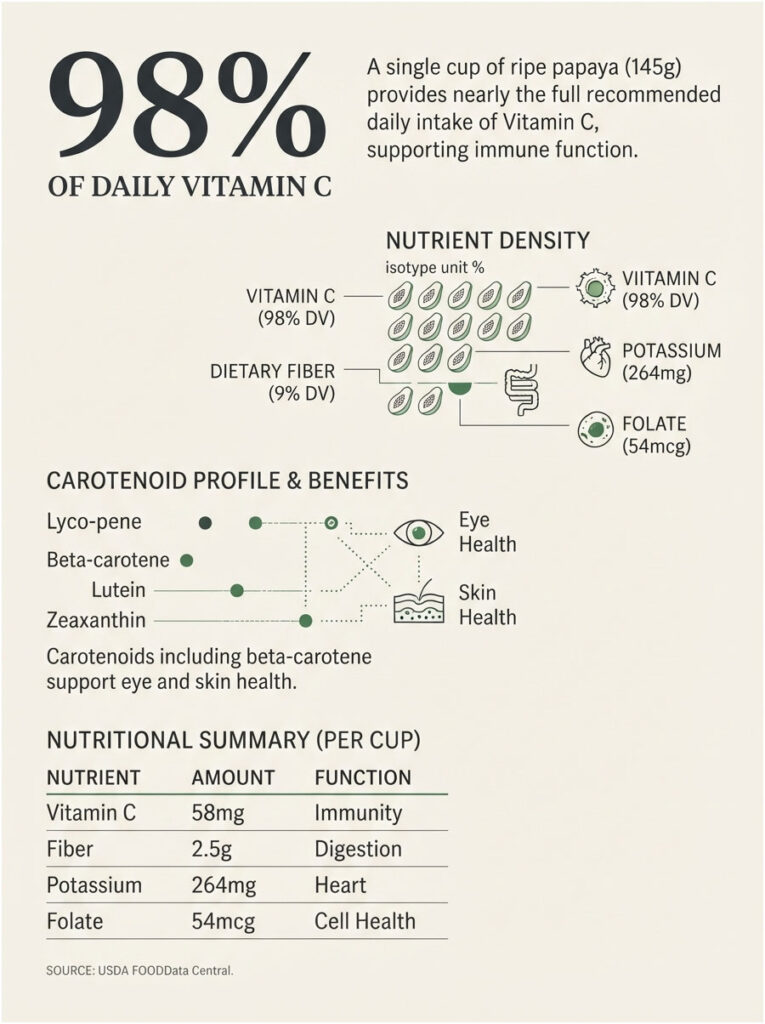 Infographic showing papaya's nutrients, highlighting 98% daily Vitamin C, fiber, potassium, and folate content.