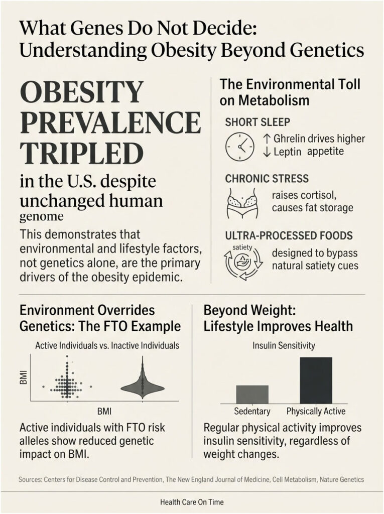 Infographic showing obesity prevalence tripling in the U.S., environmental factors affecting metabolism, and lifestyle impacts on health.